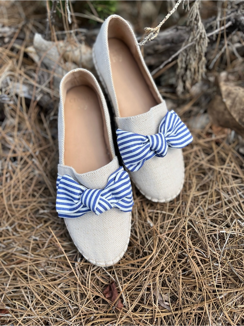crown & ivy New Cream Espadrille Flats with Blue Striped Bow
